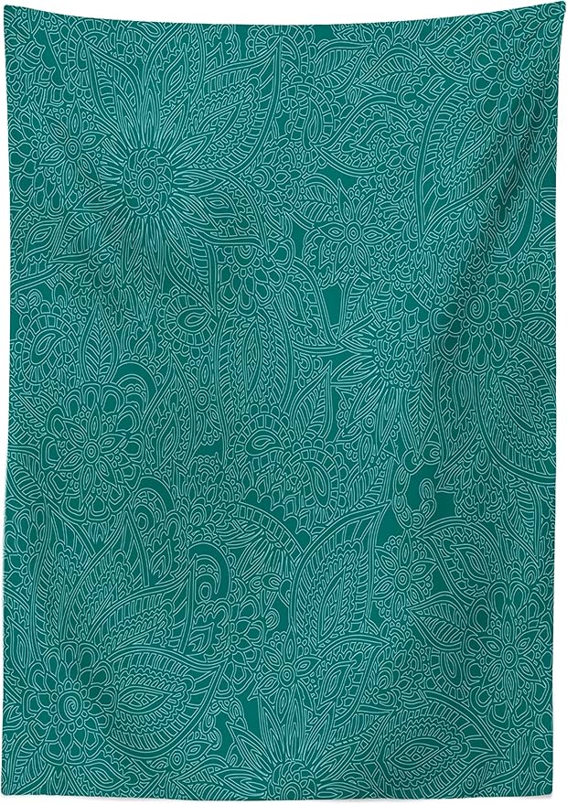 Ambesonne Teal Tablecloth, Abstract Huge Flowers with Paisley Pattern Flourishes Traditional Ornate Doodle Art Print, Rectangular Table Cover for Dining Room Kitchen Decor, 60" X 90", Teal