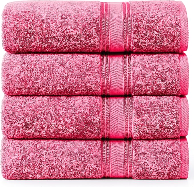 LANE LINEN 100% Cotton Large Bath Towels Set of 4 (28"x54") - Zero Twist, Mercerized Cotton Bathroom Towel 4 Pack - Quick Dry, Soft & Absorbent Large Towels Set - Dorm Essentials for Girls - Fuchsia