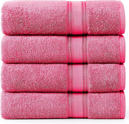 LANE LINEN 100% Cotton Large Bath Towels Set of 4 (28"x54") - Zero Twist, Mercerized Cotton Bathroom Towel 4 Pack - Quick Dry, Soft & Absorbent Large Towels Set - Dorm Essentials for Girls - Fuchsia