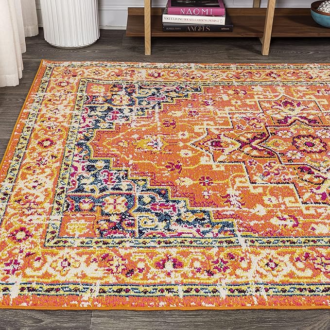 JONATHAN Y Brooklyn Geometric Medallion Orange/Blue Indoor Area Rug, 3x5, Vintage, Bohemian, Easy-Cleaning for Living Room, Bedroom, Kitchen, Pet Friendly, Non-Shedding (MDP207D-3)