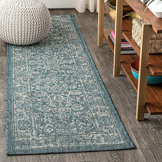 JONATHAN Y Weave Floral Indoor Outdoor Runner Rug 2X8 Teal/Gray, Tela Bohemian Textured for Backyard, Patio, Porch, Easy-Cleaning, High Traffic, Pet-Friendly, Non-Shedding (SMB100C-28)