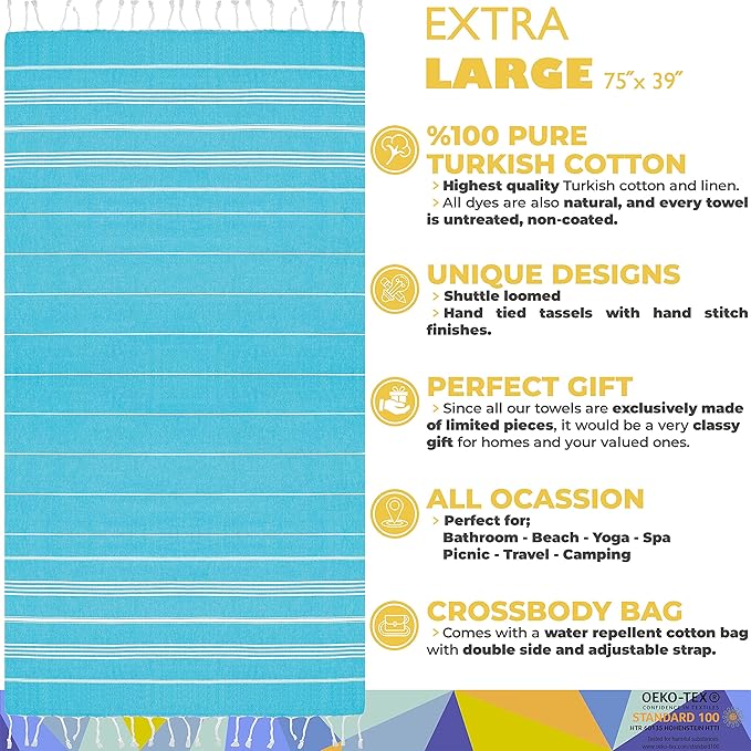 Madamelique Beach Towel with Beach Bag - 39 x 74 - Prewashed Beach Towels Oversized -%100Cotton - Quick Dry - Sand Free - Hand Loomed Turkish Bath Towels - Unique Turkish Towel (Turquoise)