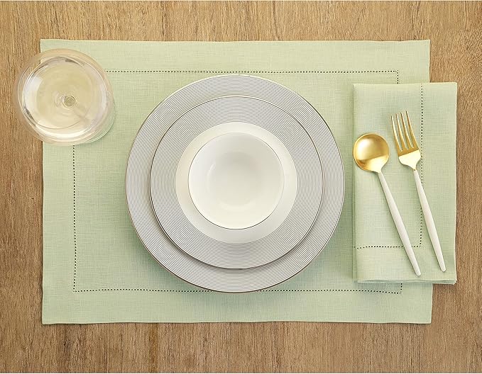 Solino Home Linen Cloth Placemats Set of 6-100% Pure Linen Hemstitch Sage Green Placemats 14 x 19 Inch - Classic Hemstitch Table Place Mats for Winter, New Year