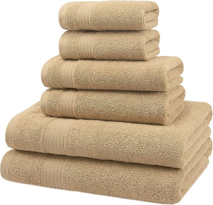 American Veteran Towel, 6 Piece Towel Set for Bathroom, 100% Cotton Turkish Bathroom Towels, 2 Bath Towels 2 Hand Towels 2 Washcloths, Beige