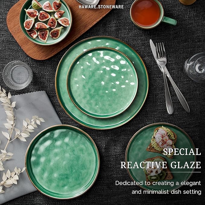HaWare Dinnerware Sets, 24-Piece Plates and Bowls Set, Stoneware Dish Set for 8, Ceramic Dinnerware for Home Restaurant, Chip and Scratch Resistant, Microwave and Dishwasher Safe, Reactive Green