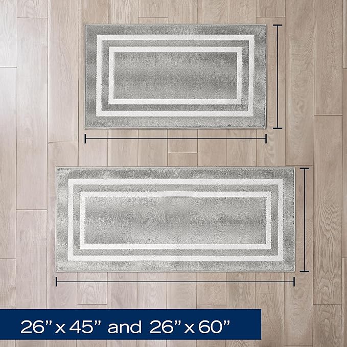 Nautica – Runner Rug 2 Piece Set | Indoor Runners for Hallways and Entry Rugs| Non-Skid Entry and Kitchen Door Mat| Machine Washable Carpet Rugs | 2'2" x 3'9" and 2'2" x 5' | Double Border Light Grey