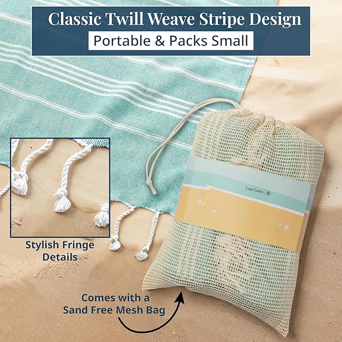 LANE LINEN Beach Towels Oversized - Beach Supplies, Turkish Beach Blanket with Lightweight Sand-Free Feel – 82"x82", Perfect for Poolside Lounging & Park Picnics – Hunter Green