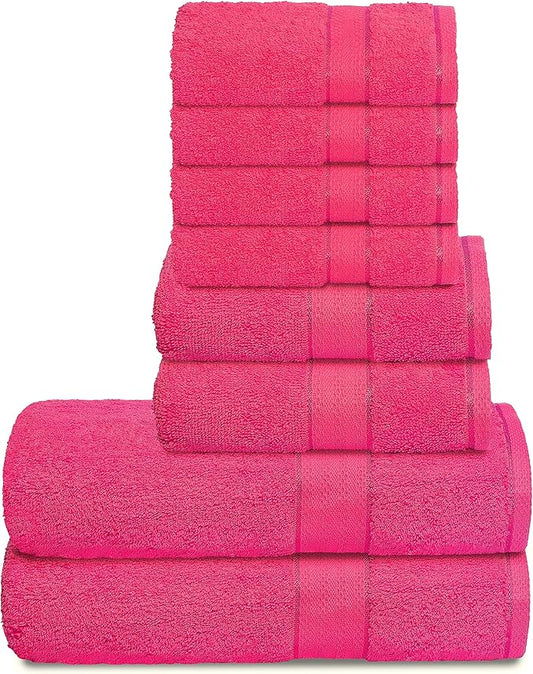 GLAMBURG 700 GSM Premium 8-Piece Towel Set - Contains 2 Bath Towels 30x54, 2 Hand Towels 16x28, 4 Wash Cloths 13x13 - Luxury Hotel & Spa Quality - Durable Ultra Soft Highly Absorbent - Hot Pink