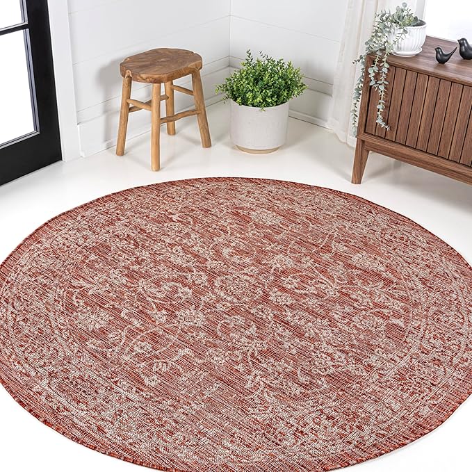 JONATHAN Y Weave Floral Indoor Outdoor Round Area Rug 5 Ft Red/Taupe, Tela Bohemian Textured for Backyard, Patio, Porch, Easy-Cleaning, High Traffic, Pet-Friendly, Non-Shedding (SMB100A-5R)