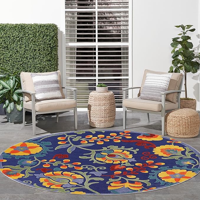 Nourison Home Aloha Navy Multicolor 7'10" x Round Area Rug - Easy Clean, Non Shedding, Bed Room, Living Room, Dining Room, Kitchen (8' x Round)