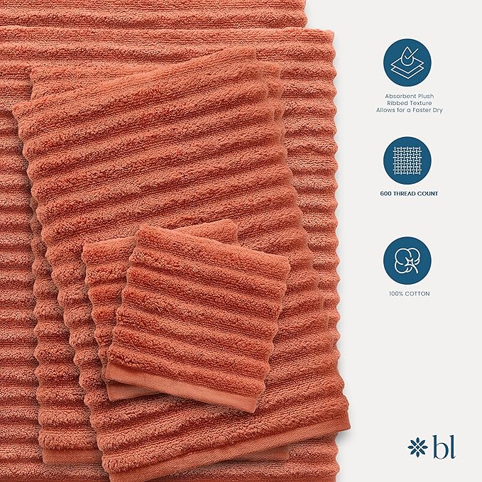 Blue Loom Ribbed Bath Towels Set, 100% Cotton 600 GSM, Soft Absorbent Durable Quick Drying 2 Bath Towels for Bathroom - Mason Set of 2 Terracotta Red (58" x 30" Inch)