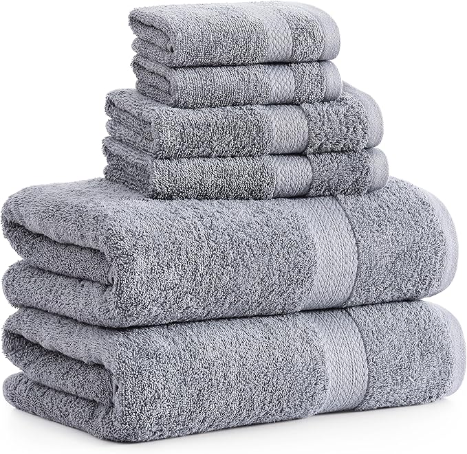 Lane Linen 100% Mercerized Cotton Luxury Bathroom Towels Set - 6 Pieces - Ring Spun Technology - 2 Bath, 2 Washcloths, 2 Hand Towels - Suitable for All Skin Types including Sensitive Skin - Space Grey