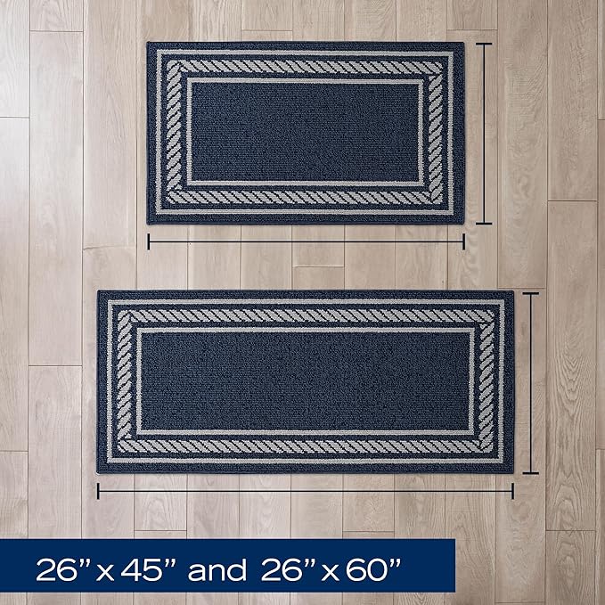 Nautica – Runner Rug 2 Piece Set | Indoor Runners for Hallways and Entry Rugs| Non-Skid Entry and Kitchen Door Mat| Machine Washable Carpet Rugs | 2'2" x 3'9" and 2'2" x 5' | Rope Border Denim