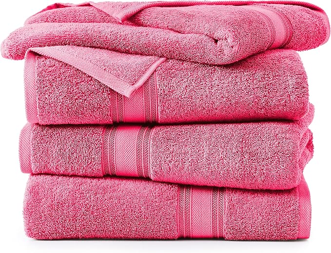 LANE LINEN 100% Cotton Large Bath Towels Set of 4 (28"x54") - Zero Twist, Mercerized Cotton Bathroom Towel 4 Pack - Quick Dry, Soft & Absorbent Large Towels Set - Dorm Essentials for Girls - Fuchsia
