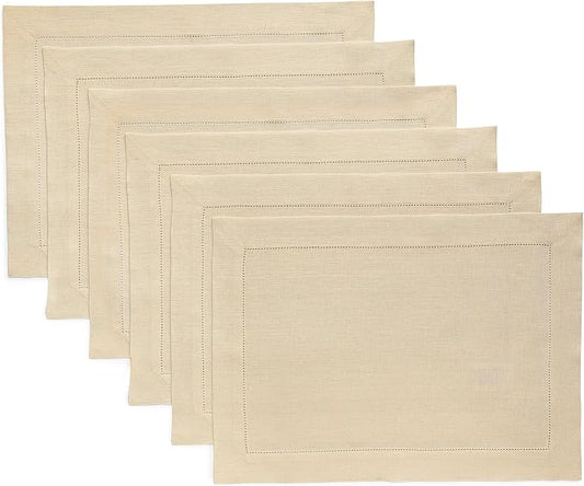 Solino Home Linen Cloth Placemats Set of 6-100% Pure Linen Hemstitch Beige Placemats 14 x 19 Inch - Classic Hemstitch Table Place Mats