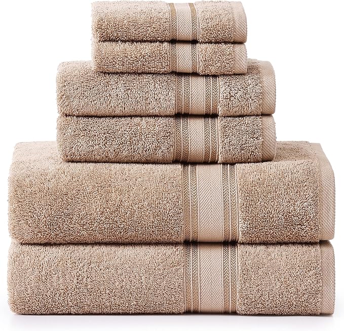 LANE LINEN Luxury Bath Towels Set - 6 Piece 100% CottonBathroom Zero Twist Shower Extra Absorbent Towel Super Soft 2 Hand Wash Cloths Taupe