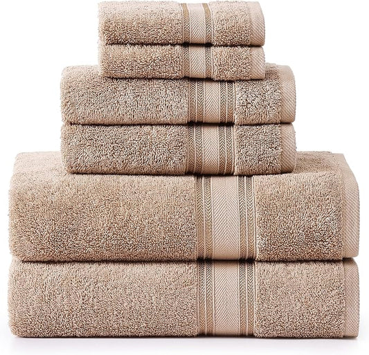 LANE LINEN Luxury Bath Towels Set - 6 Piece 100% CottonBathroom Zero Twist Shower Extra Absorbent Towel Super Soft 2 Hand Wash Cloths Taupe