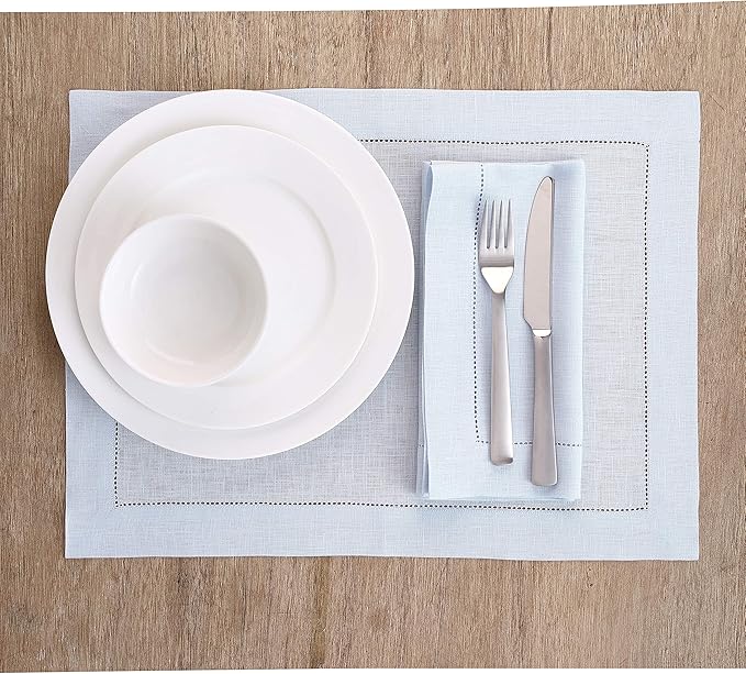 Solino Home Linen Placemats Set of 4 - Classic Hemstitch Light Blue Placemats 14 x 19 Inch - 100% Pure Linen Table Mats for Winter, New Year