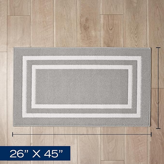 Nautica – Runner Rug | Indoor Runners for Hallways and Entry Rugs| Non-Slip and Non-Skid Entry and Kitchen Door Mat| Machine Washable Entryway Carpet Rugs |26” x 45” |Double Border Light Grey