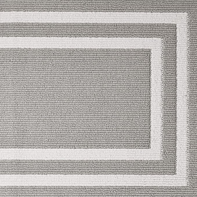 Nautica Runner Rug | Indoor Carpet for Entryway & Hallway Rug| Non-Slip Entry and Kitchen Door Mat| Machine Washable Low Profile Floor Mat | 26" x 60"| Double Border Light Grey and White