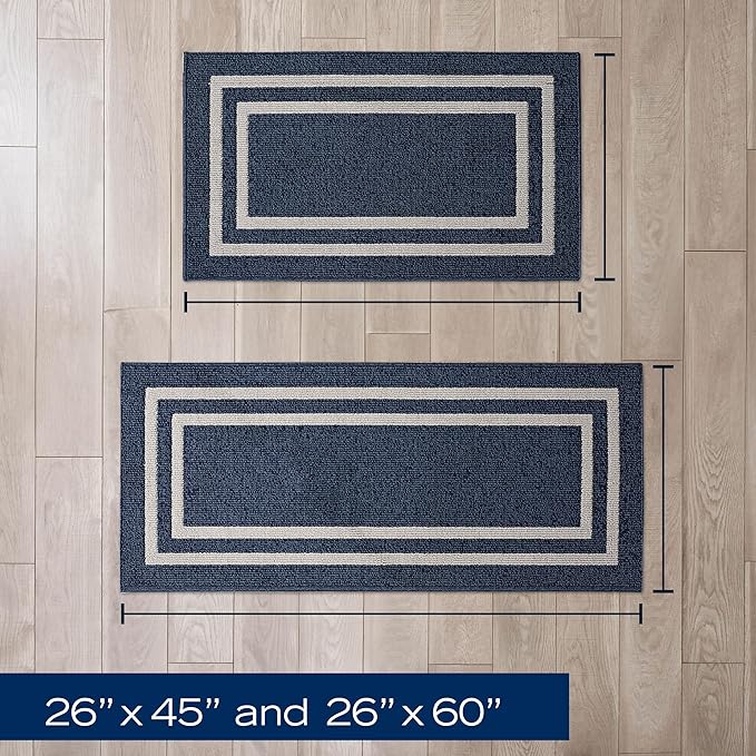 Nautica – Runner Rug 2 Piece Set | Indoor Runners for Hallways and Entry Rugs| Non-Skid Entry and Kitchen Door Mat| Machine Washable Carpet Rugs | 2'2" x 3'9" and 2'2" x 5' | Double Border Denim