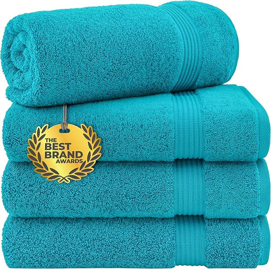 Cotton Paradise 4 Piece Turkish Bath Towels for Bathroom, 100% Cotton Extra Large Soft Plush Towels Bathroom Set, Aqua Blue