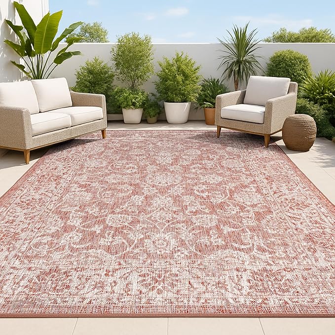JONATHAN Y Weave Floral Indoor Outdoor Area Rug 10X14 Red/Taupe, Tela Bohemian Textured for Backyard, Patio, Porch, Easy-Cleaning, High Traffic, Pet-Friendly, Non-Shedding (SMB100A-14)