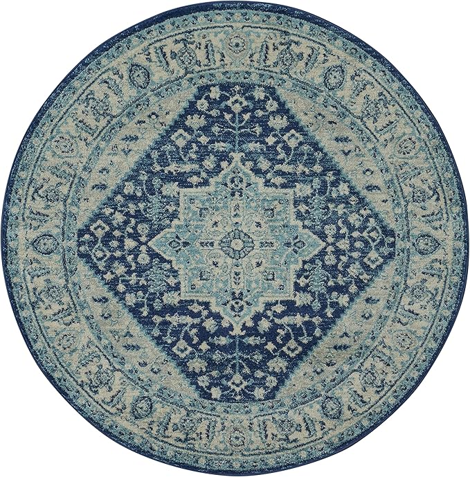 Nourison Home Tranquil Ivory/Navy 5'3" x Area Rug, Distressed, Bed, Living, Dining Room, Kitchen, Easy Cleaning, Non Shedding, (5' Round)