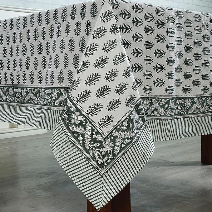 Ridhi -Emerald Green Cotton Tablecloth, Handblock Print Floral Table Cloth for Kitchen Dining Linen I Thanksgiving, Christmas, Wedding, Fall Décor 4 Seater 60x60 Inches Square