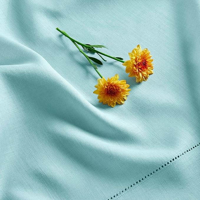Solino Home Linen Aqua Blue Table Runner 156 Inches Long - 100% Pure Linen Extra Long Table Runner 14 x 156 Inch for Winter - Classic Hemstitch