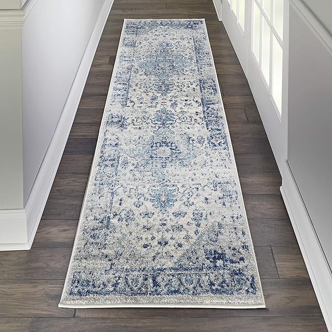 Nourison Home Tranquil Ivory/Light Blue 2'3" x 7'3" Area Rug - Easy Clean, Non Shedding, Bed Room, Living Room, Dining Room, Kitchen (7' Runner)
