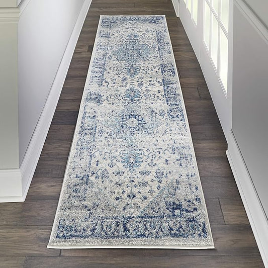 Nourison Home Tranquil Ivory/Light Blue 2'3" x 7'3" Area Rug - Easy Clean, Non Shedding, Bed Room, Living Room, Dining Room, Kitchen (7' Runner)