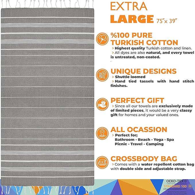 Madamelique Turkish Beach Towel with Beach Bag - 39 x 74 - Prewashed Beach Towels Oversized -%100Cotton - Quick Dry - Sand Free - Hand Loomed Turkish Bath Towels - Unique Absorbent Towel (Dark Gray)