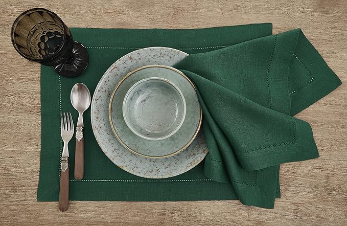 Solino Home Linen Placemats Set of 4 - Classic Hemstitch Rainforest Green Placemats 14 x 19 Inch - 100% Pure Linen Table Mats for Holiday, Winter, New Year