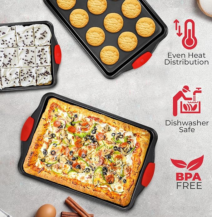 PERLLI Non-Stick 3-Piece Baking Pan Set, BPA-Free Carbon Steel Bakeware Set with Silicone Handles, Stackable Kitchen Oven Set, Cookie Sheet, Baking Tray, Baking Sheet Set, Oven Safe (446°F)