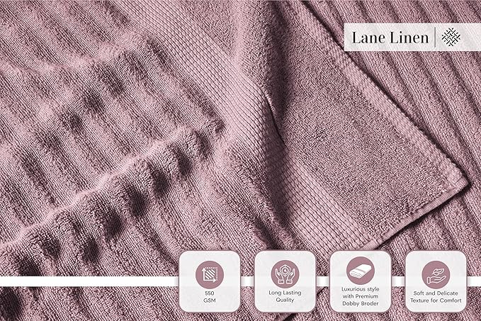 LANE LINEN 6-Piece Towel Set – 100% Cotton, Quick Dry, Zero Twist, Ribbed, Luxury Bath Towels, Includes 2 Bath Towels, 2 Hand Towels, 2 Washcloths, Premium Everyday Use - Wishful Mauve