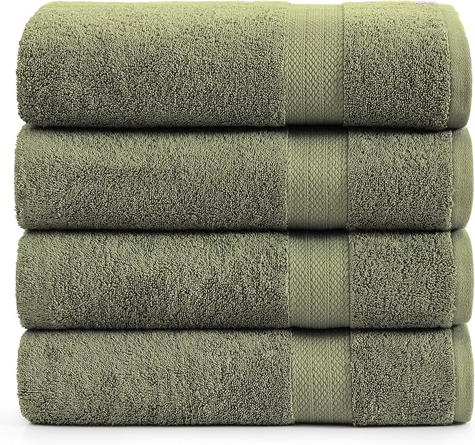 LANE LINEN 100% Mercerized Cotton Bath Sheet Set of 4 (35"x66") - Quick Drying, Ultra Soft & Durable Extra Large Towel Sets - Fade Resistant, Highly Absorbent - Oversized Daily Use Towels - Oil Green