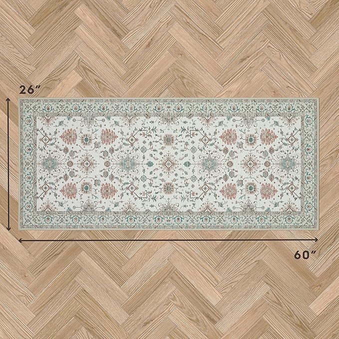 Laura Ashley Beige Aure Floral Machine Washable & Slip Resistant 26" x 60" Runner Rug