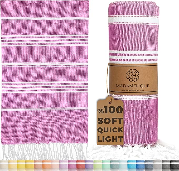 Madamelique Turkish Beach Towel Oversized - 39 x 74 - Prewashed Beach Towels - Quick Dry - Sand Free - Extra Large - Travel Towel - Hand Loomed (Mediterranean Without Bag, Hot Pink)