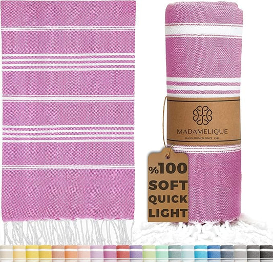 Madamelique Turkish Beach Towel Oversized - 39 x 74 - Prewashed Beach Towels - Quick Dry - Sand Free - Extra Large - Travel Towel - Hand Loomed (Mediterranean Without Bag, Hot Pink)