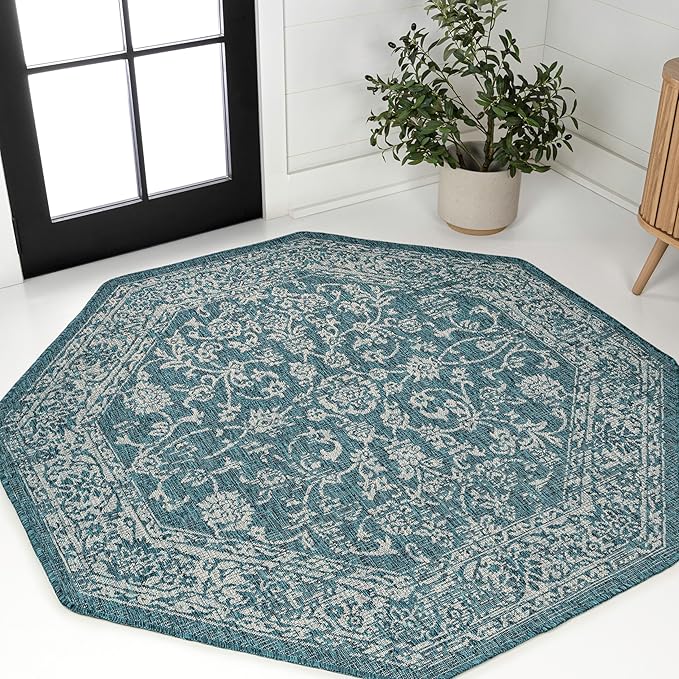 JONATHAN Y Weave Floral Indoor Outdoor Octagon Area Rug 8 Ft Teal/Gray, Tela Bohemian Textured for Backyard, Patio, Porch, Easy-Cleaning, High Traffic, Pet-Friendly, Non-Shedding (SMB100C-8TGN)
