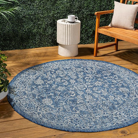 JONATHAN Y Weave Floral Indoor Outdoor Round Area Rug 8 Ft Navy/Gray, Tela Bohemian Textured for Backyard, Patio, Porch, Easy-Cleaning, High Traffic, Pet-Friendly, Non-Shedding (SMB100B-8R)