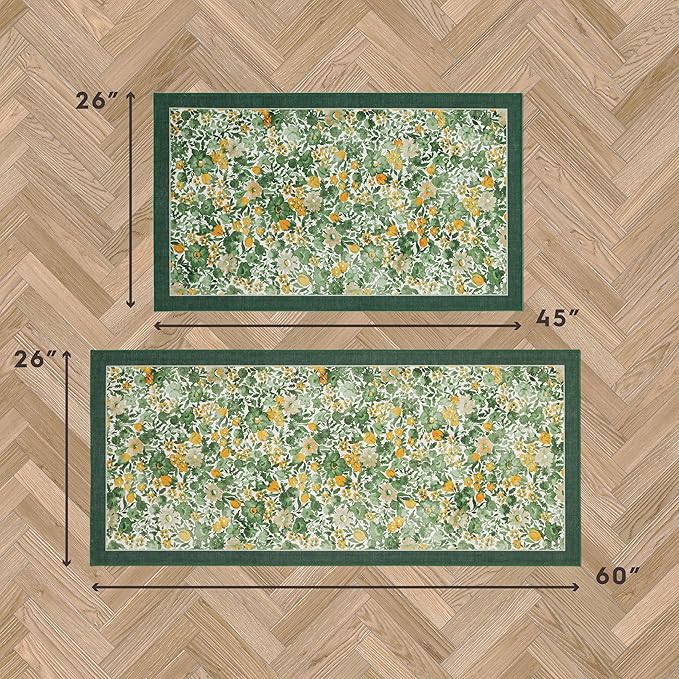 Laura Ashley Green Lovestone Floral Machine Washable & Slip Resistant 2 Piece Set - 26" x 45" Accent Rug & 26" x60" Runner Rug