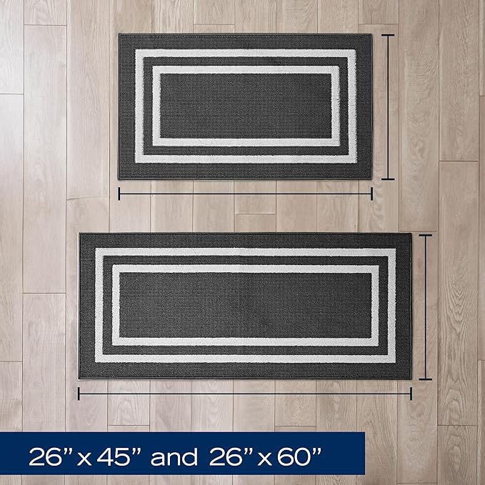 Nautica – Runner Rug 2 Piece Set | Indoor Runners for Hallways and Entry Rugs| Non-Skid Entry and Kitchen Door Mat| Machine Washable Carpet Rugs | 2'2" x 3'9" and 2'2" x 5' | Double Border Dark Grey