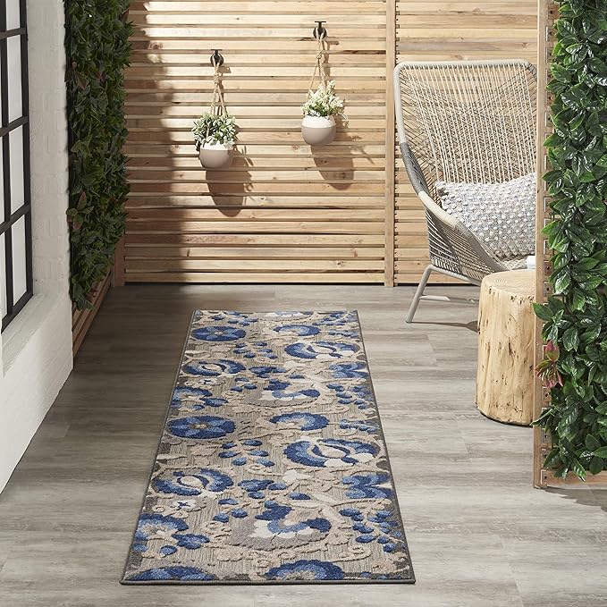 Nourison Aloha Indoor/Outdoor Natural/Blue 2'3" x 10' Area Rug, Easy Cleaning, Non Shedding, Bed Room, Living Room, Dining Room, Backyard, Deck, Patio (2x10)
