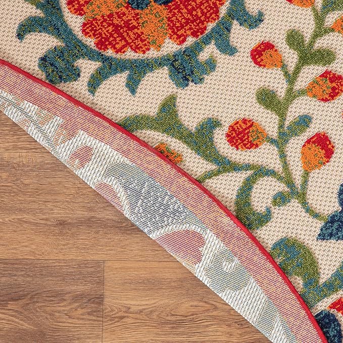 Nourison Home Aloha Red Multicolor 7'10" x Round Area Rug - Easy Clean, Non Shedding, Bed Room, Living Room, Dining Room, Kitchen (8' x Round)