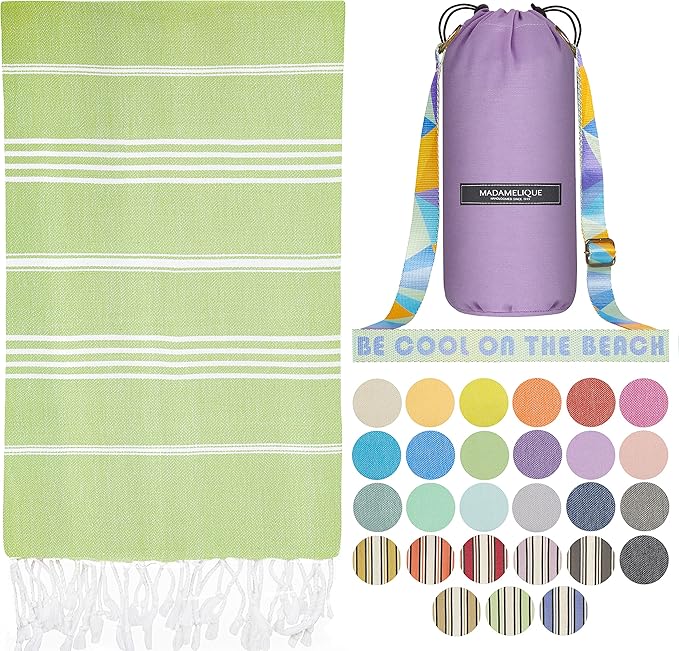 Madamelique Turkish Beach Towel with Beach Bag - 39 x 74 - Prewashed Beach Towels Oversized -%100Cotton - Quick Dry - Sand Free - Hand Loomed Turkish Bath Towels - Unique Absorbent Towel (Pistachio)