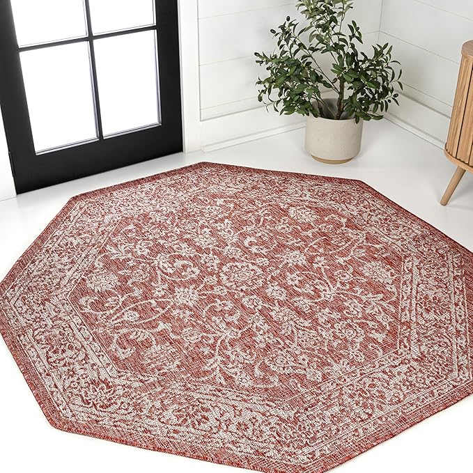 JONATHAN Y Weave Floral Indoor Outdoor Octagon Area Rug 8 Ft Red/Taupe, Tela Bohemian Textured for Backyard, Patio, Porch, Easy-Cleaning, High Traffic, Pet-Friendly, Non-Shedding (SMB100A-8TGN)