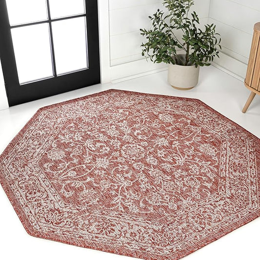 JONATHAN Y Weave Floral Indoor Outdoor Octagon Area Rug 8 Ft Red/Taupe, Tela Bohemian Textured for Backyard, Patio, Porch, Easy-Cleaning, High Traffic, Pet-Friendly, Non-Shedding (SMB100A-8TGN)