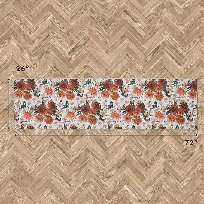 Laura Ashley Beige Dahlias Floral Machine Washable & Slip Resistant 26" x 72" Runner Rug